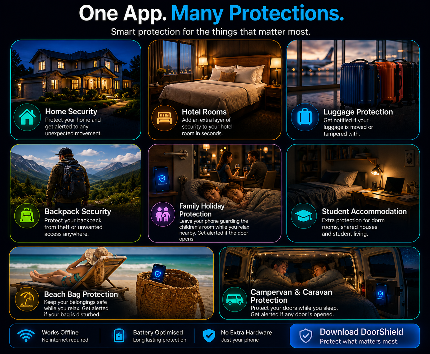 DoorShield protects homes, hotels, luggage, backpacks, family holidays, student accommodation, beach bags and campervans
