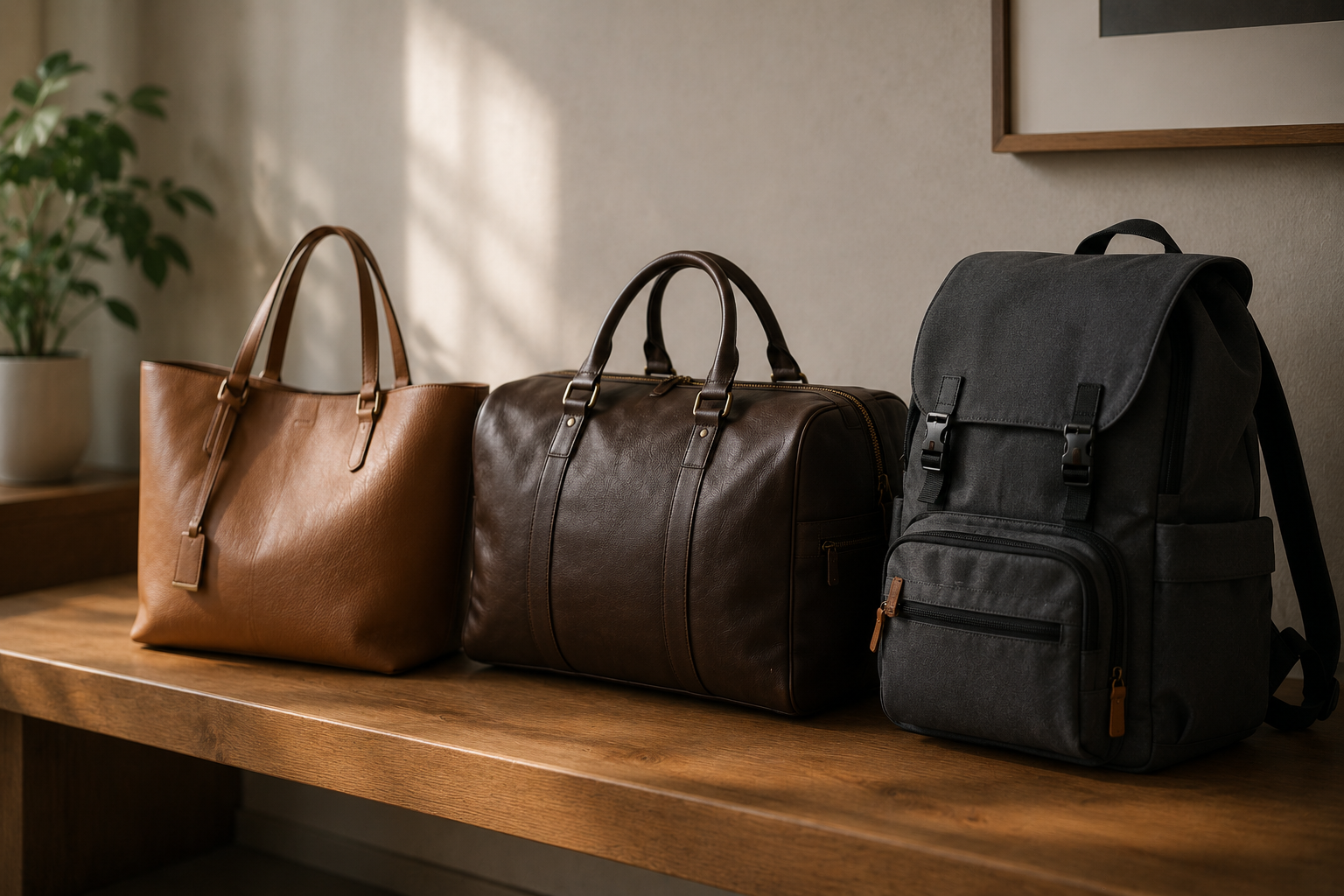 Handbag, travel bag and rucksack