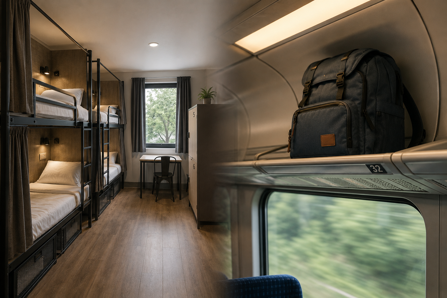 Hostel dormitory and rucksack stored on a train