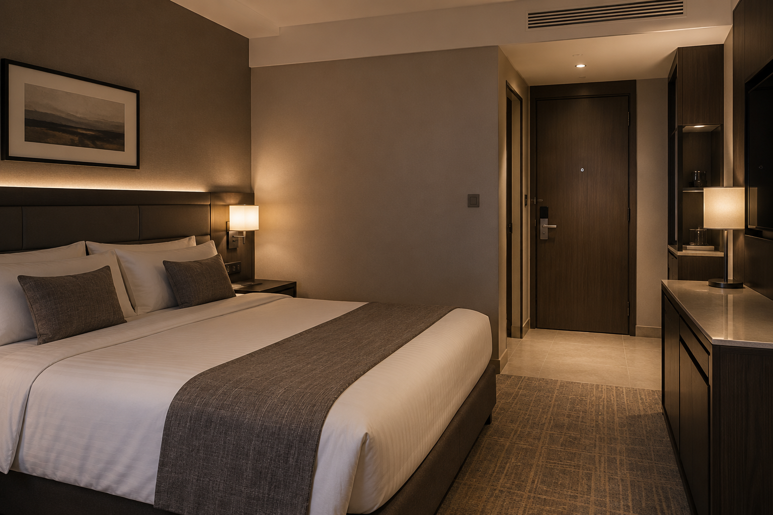 Modern hotel room with the entrance door visible
